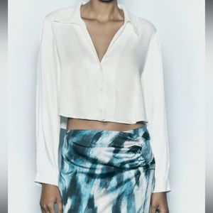 ZARA Satin effect v neck button down cropped shirt NWT